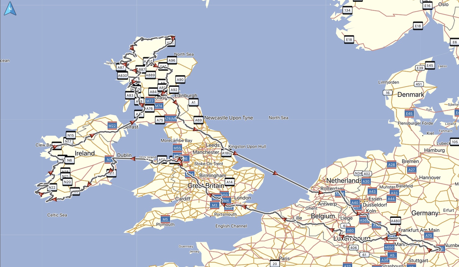 Route nach Irland und Schottland